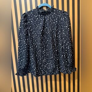Allegra K Black Blouse with White Polka Dots